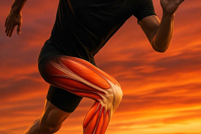 Läufer beim Sprint mit anatomisch hervorgehobener Beinmuskulatur vor einem dramatischen Sonnenuntergang – Symbolbild für Laktatbildung und Trainingsleistung im Ausdauersport.