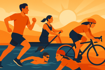 Illustration in warmen Orange- und Blautönen: Ein Läufer, eine Ruderin, ein Schwimmer und eine Radfahrerin bewegen sich dynamisch im Sonnenlicht. Die Szene symbolisiert sportliche Vielfalt und Training unter Berücksichtigung der Laktatdiagnostik.