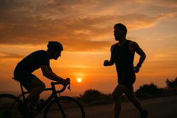 Läufer und Radfahrer beim Ausdauertraining im Sonnenuntergang – symbolisches Bild für Leistungsdiagnostik im Ausdauersport.