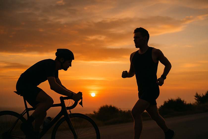 Läufer und Radfahrer beim Ausdauertraining im Sonnenuntergang – symbolisches Bild für Leistungsdiagnostik im Ausdauersport.