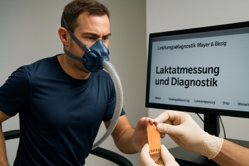 Sportler mit Atemmaske auf Laufband bei Laktattest – Blutentnahme zur Laktatdiagnostik bei Leistungsdiagnostik Mayer & Bissig.